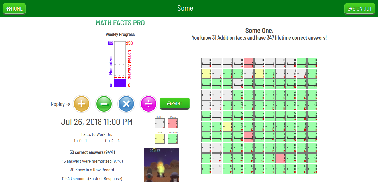 Addition Game Results Page